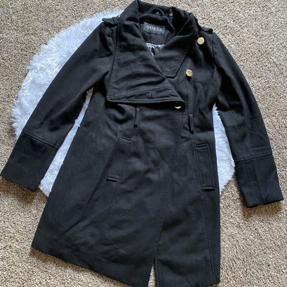 Guess Wool Blend Trench Coat Black Womens Size Medium - Picture 1 of 12
